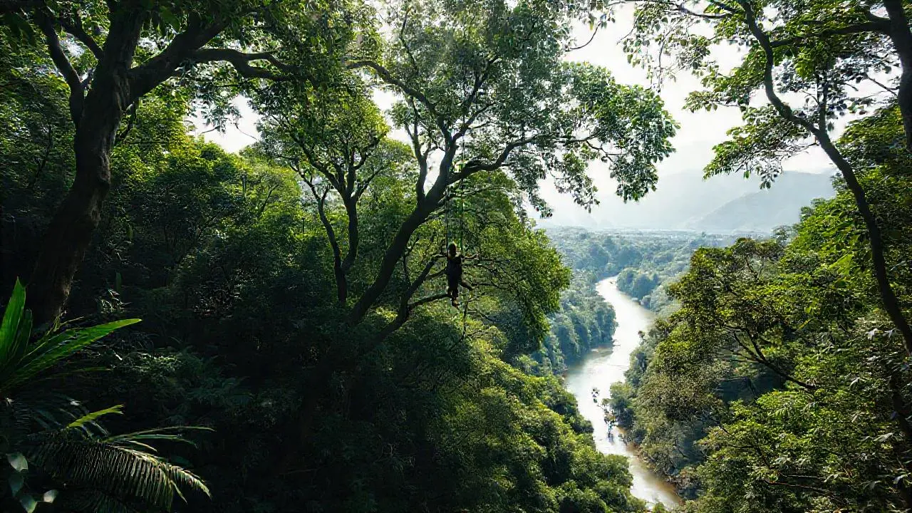 Selva exuberante con una persona suspendida