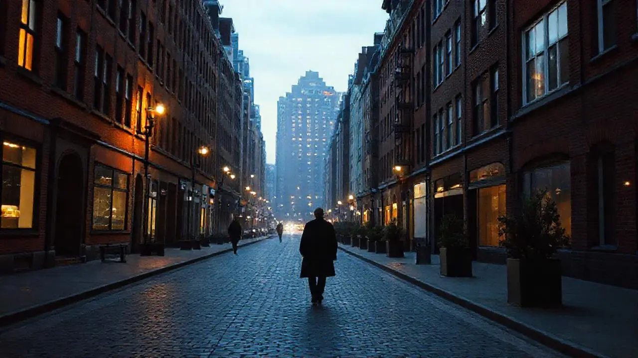Calle urbana, crepuscular y luminosa