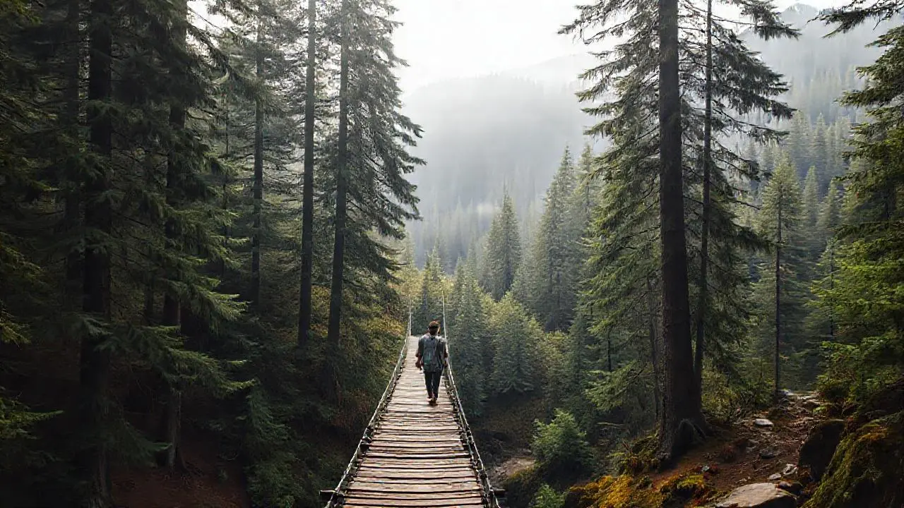 Bosque neblinoso, puente solitario, naturaleza vasta