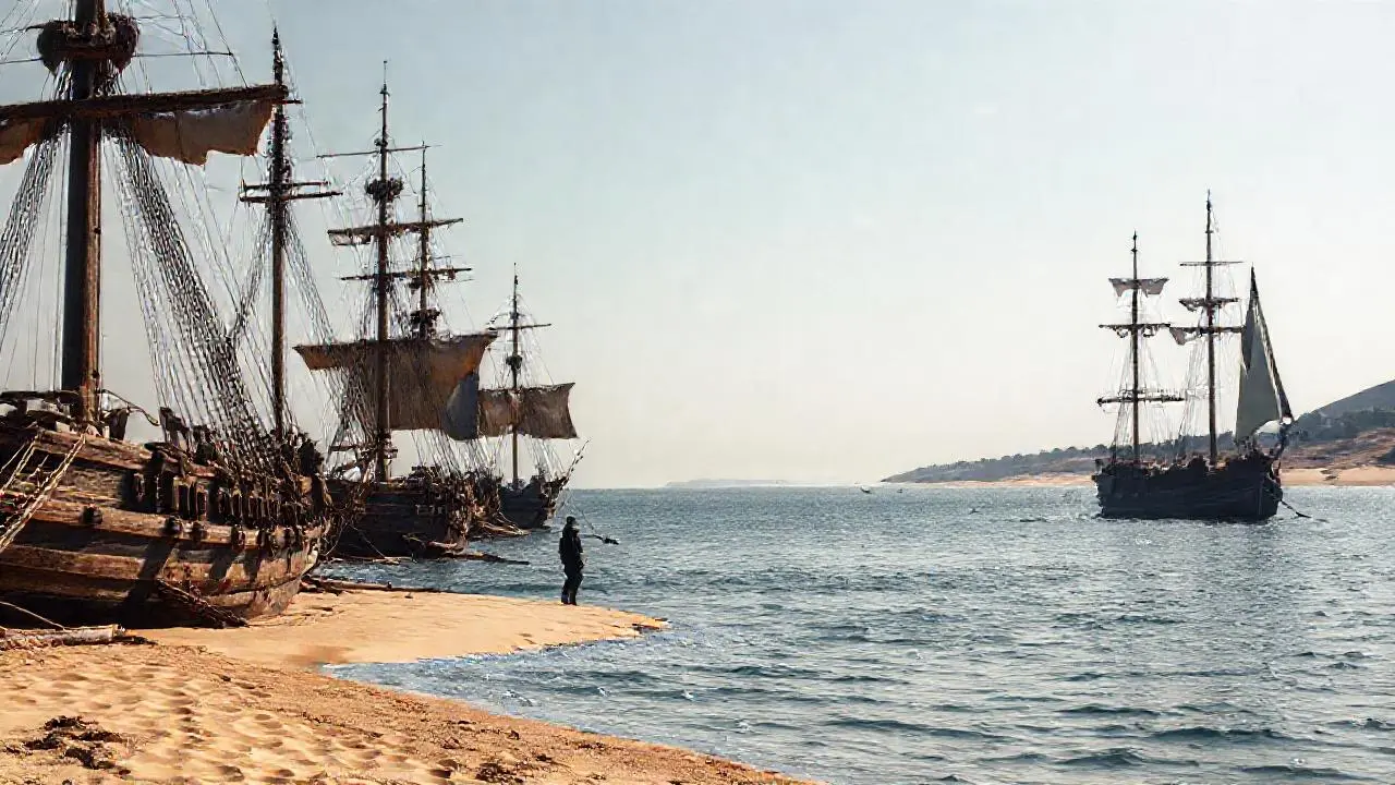 Tranquila escena costera, amplios espacios y barcos