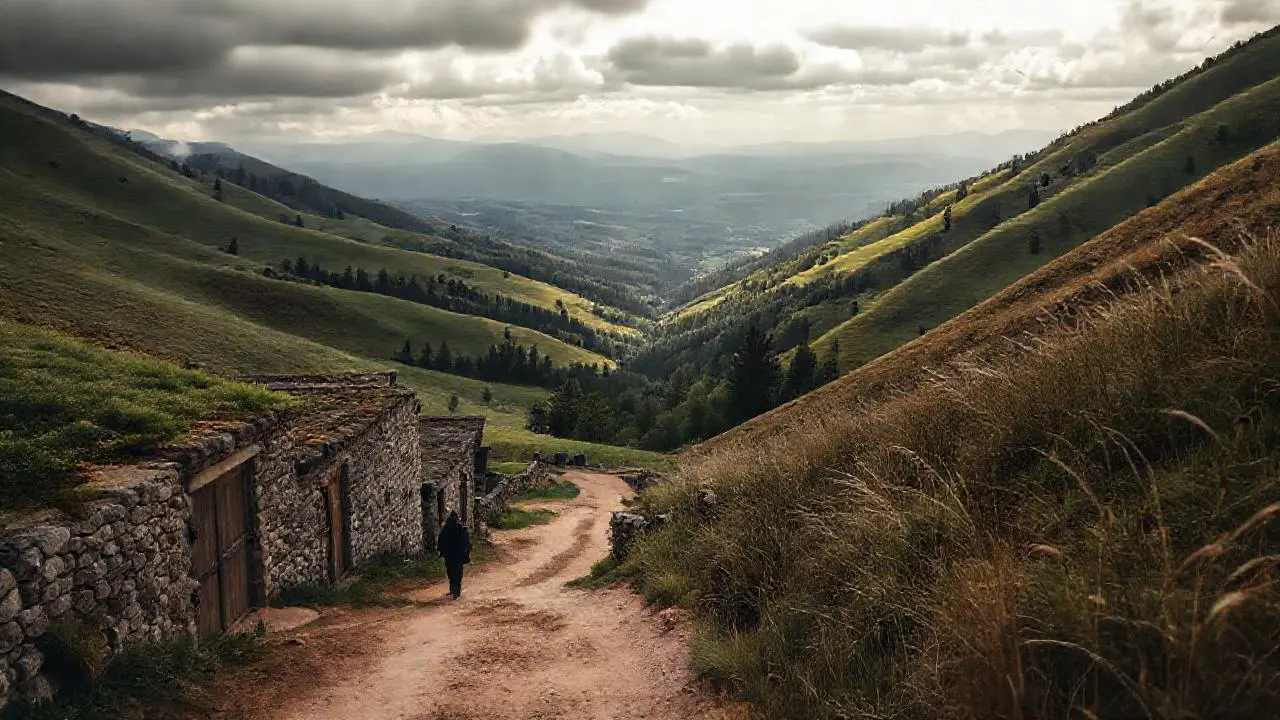 Paisaje rural tranquilo y ligeramente brumoso