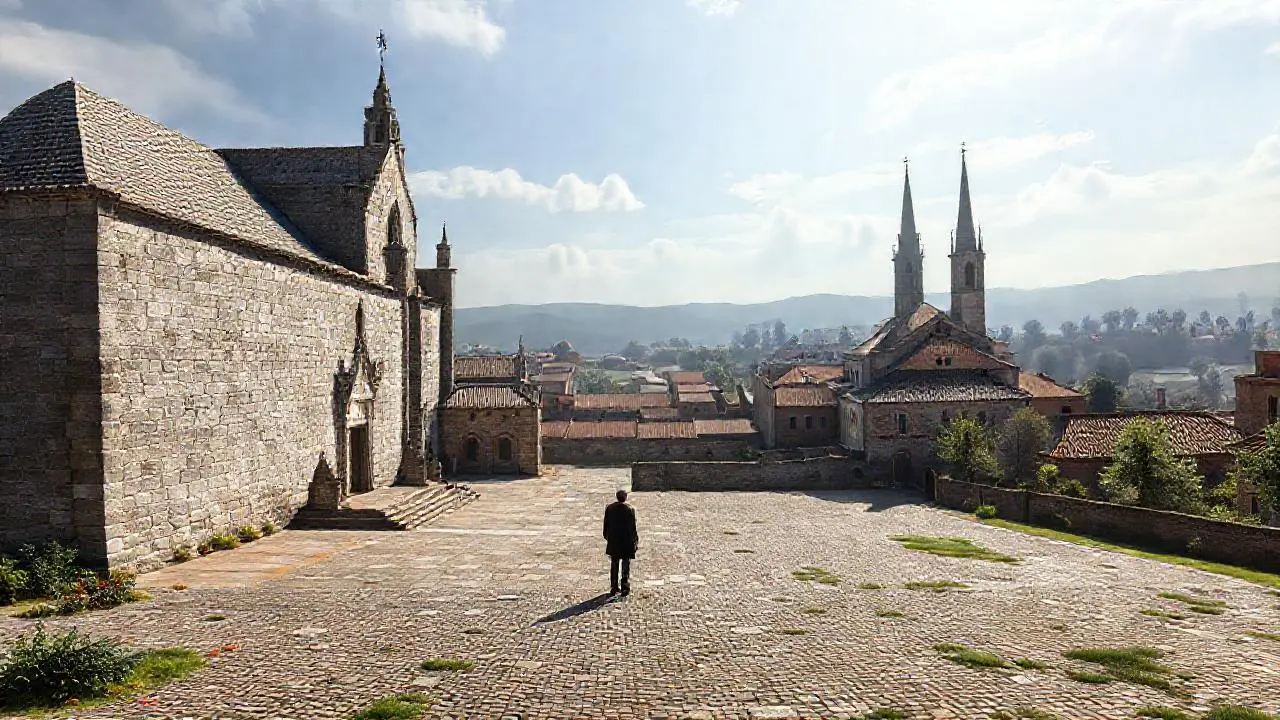Basílica antigua, paisaje amplio y sereno