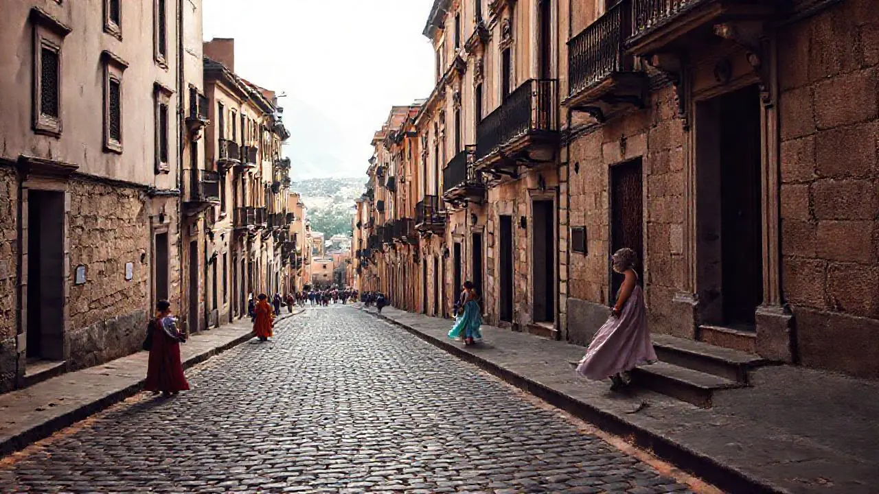 Calles antiguas, atmósfera suave y montañosa