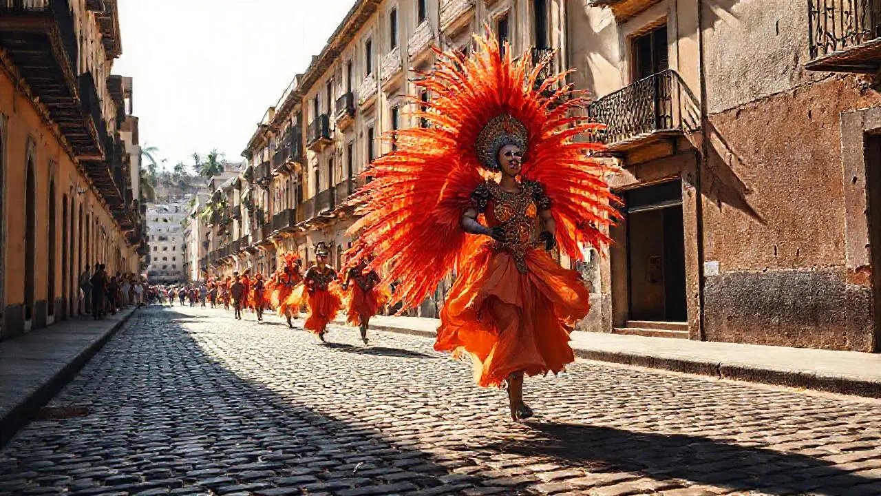 Procesión vibrante en calle antigua y soleada