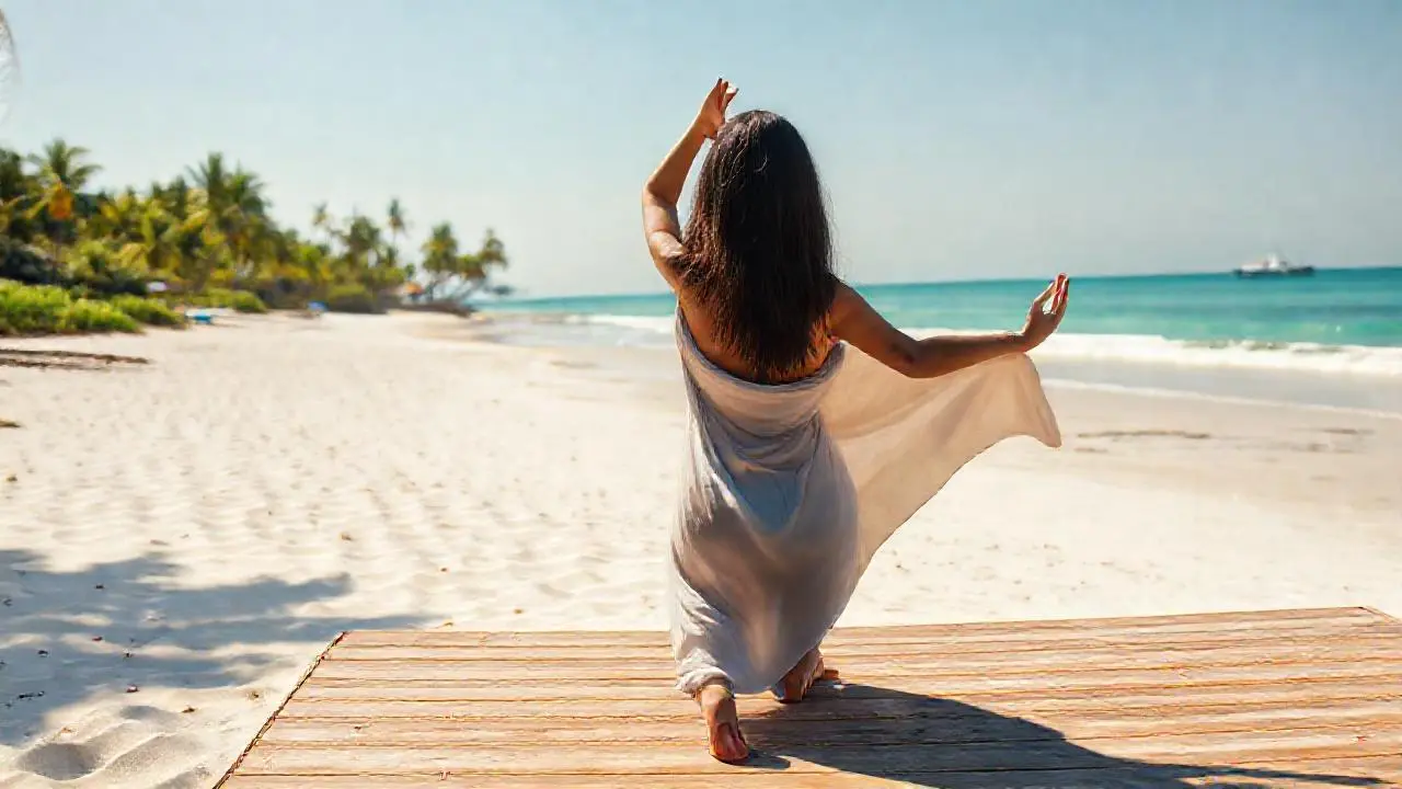 Playa serena, yoga, luz natural y paz