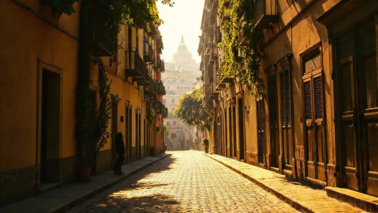 Calle colonial, nostálgica y ligeramente brumosa