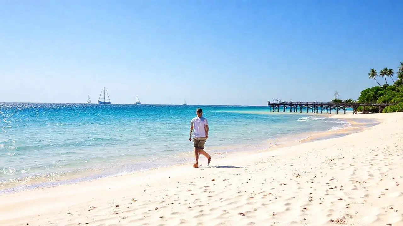 Tranquila playa, sol y horizonte lejano