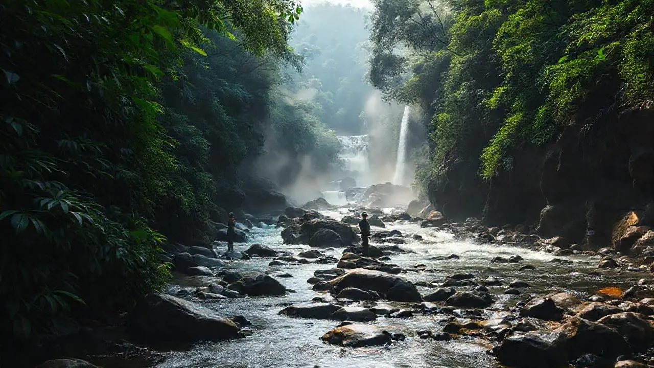 Selva exuberante y figura en movimiento