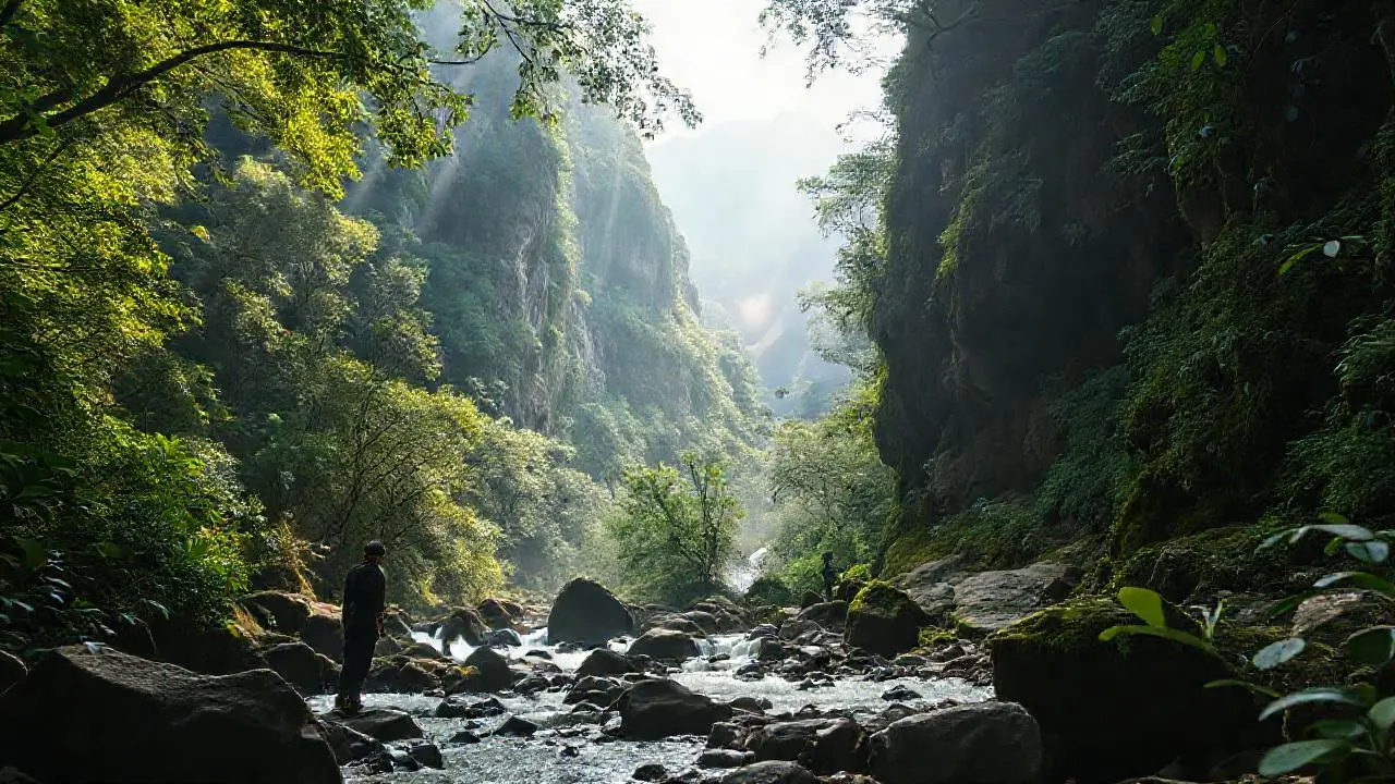 Naturaleza exuberante, figura solitaria, inmensidad serena
