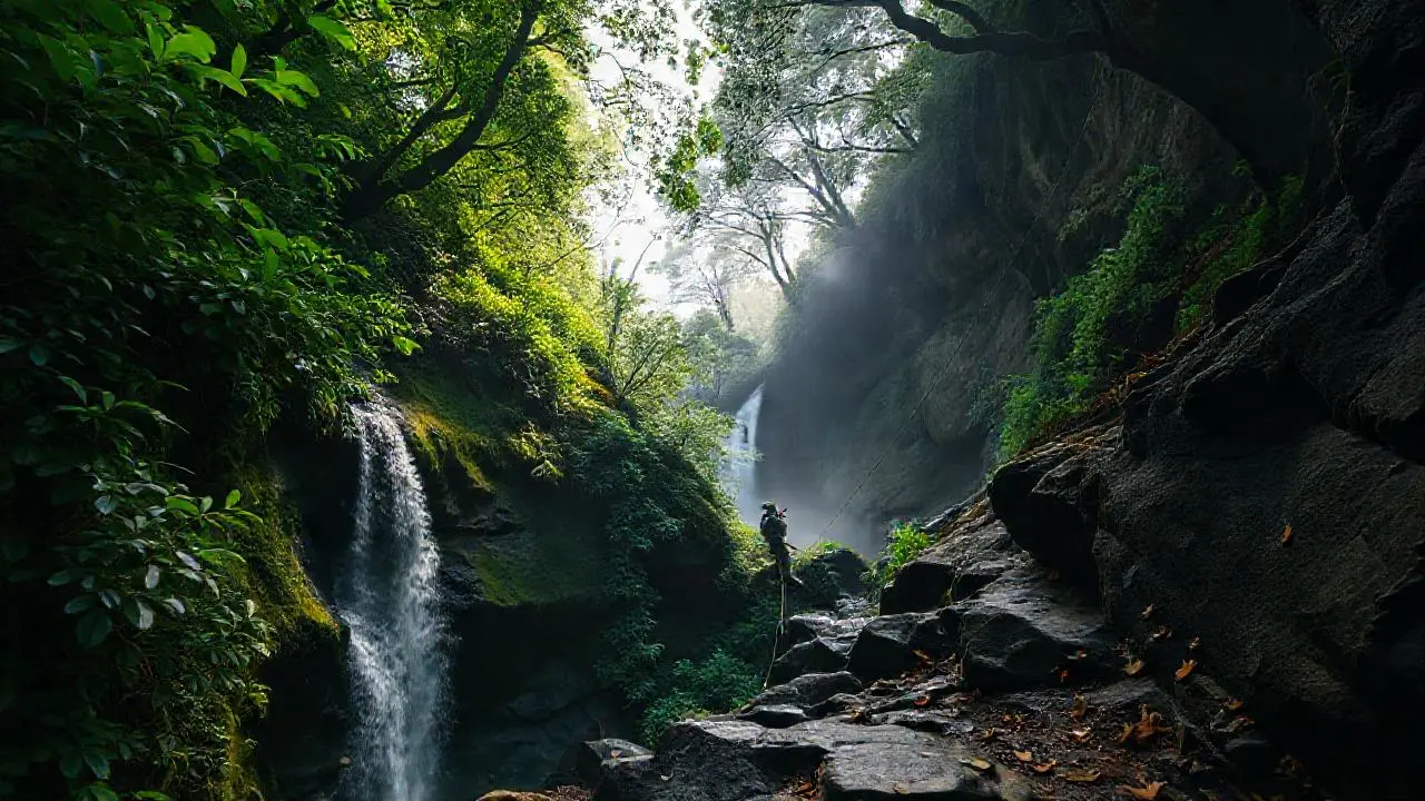 Naturaleza exuberante y figura descendiendo