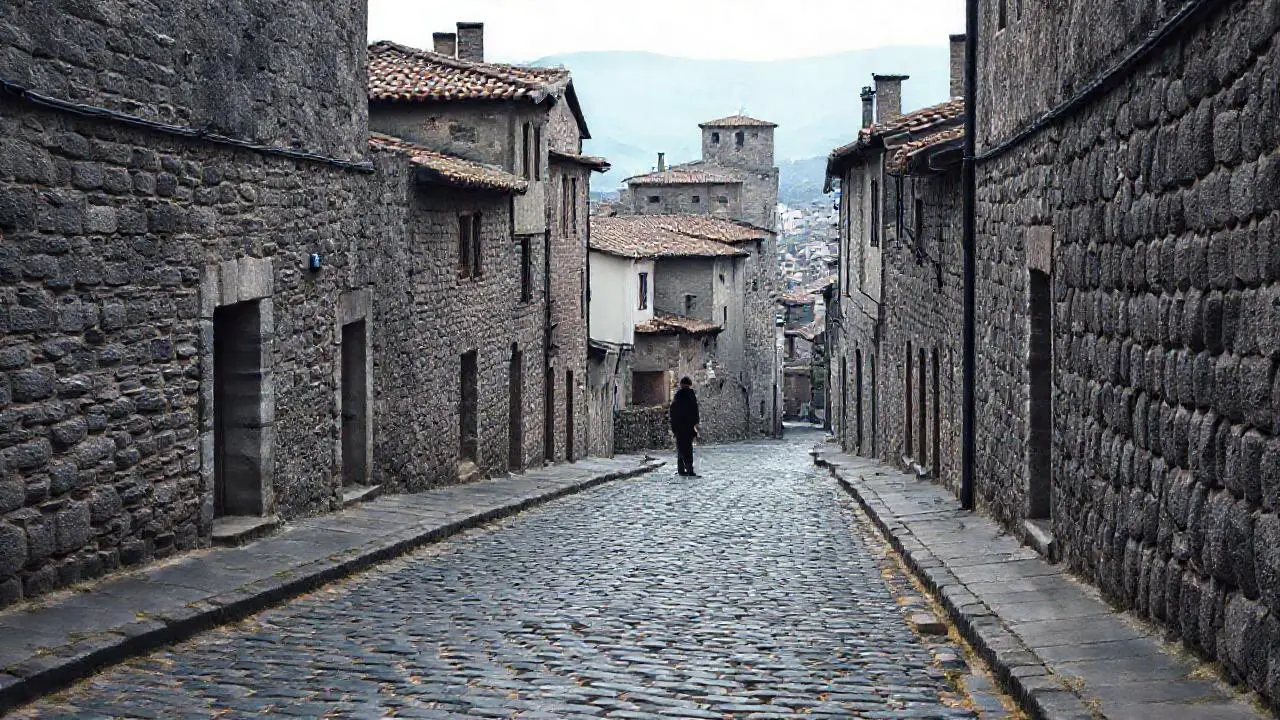 Calle histórica, tranquila y ligeramente brumosa