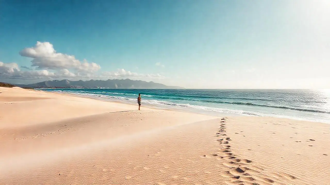 Playa serena, luz cálida, y horizonte abierto
