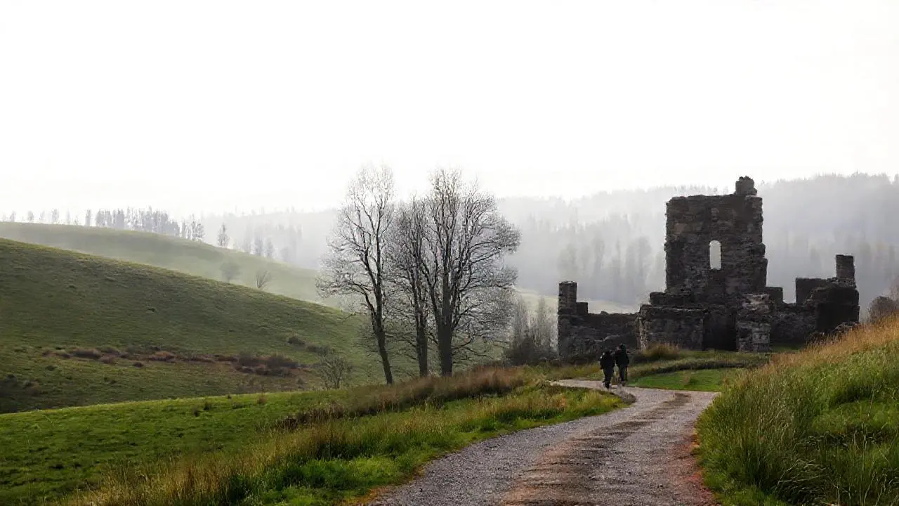 Paisaje tranquilo, histórico y ligeramente brumoso
