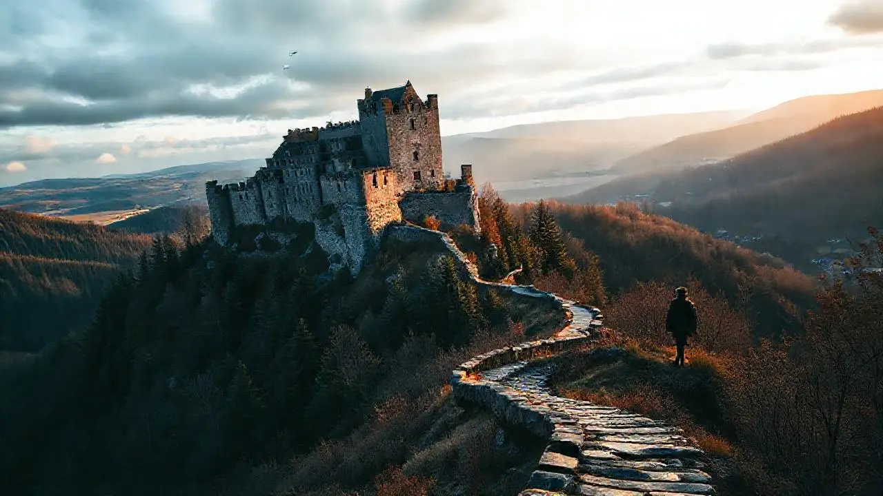Castillo medieval bañado en luz dorada