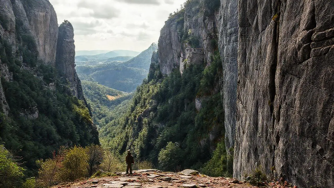 Imponente paisaje rocoso, castillo y figura solitaria