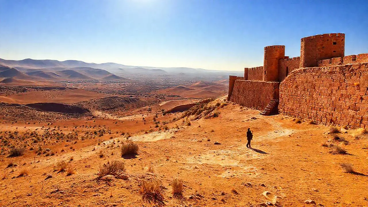 Paisaje árido, fortaleza solitaria bajo cielo vasto