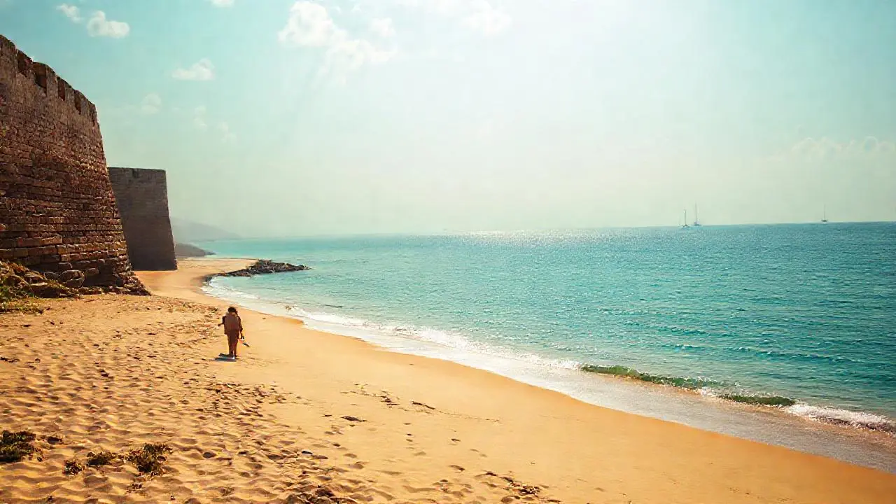 Costa serena, luz cálida, figura solitaria