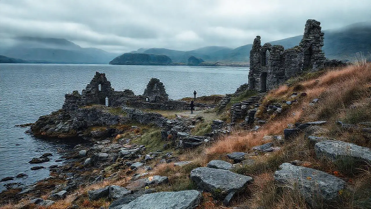 Ruinas solitarias en un paisaje brumoso