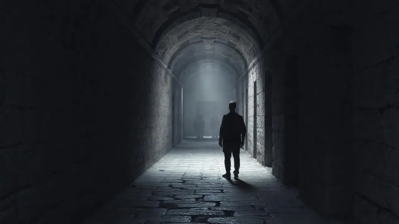 Pasillo antiguo, oscuro y profundo