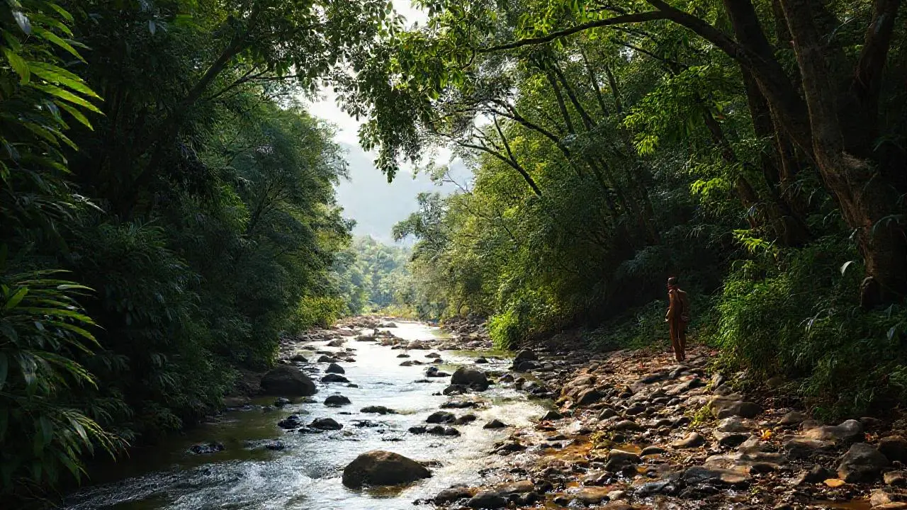 Selva exuberante y figura caminando serena