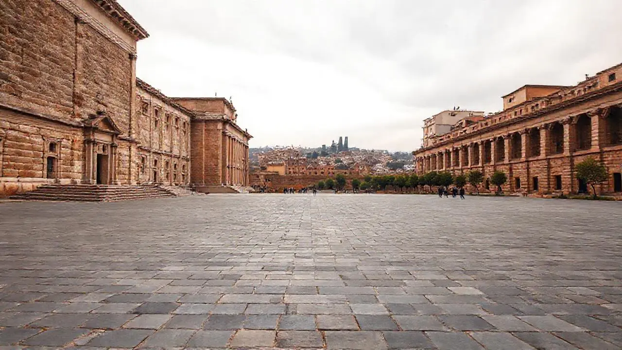 Plaza grandiosa, arquitectura clásica y luz suave