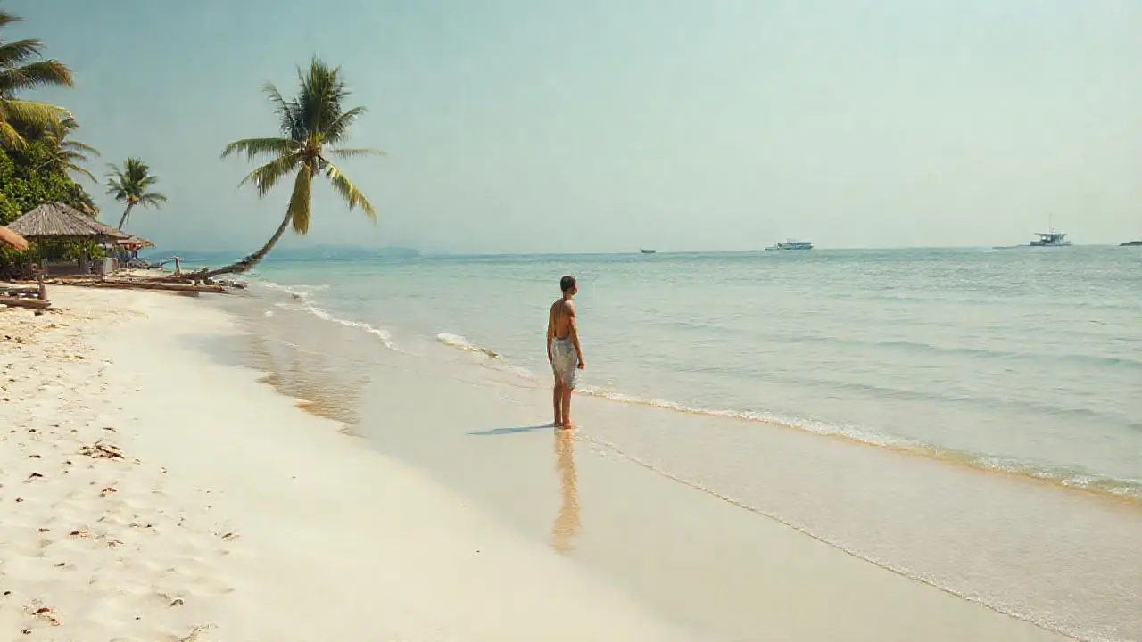 Playa serena, luz cálida, atmósfera tranquila
