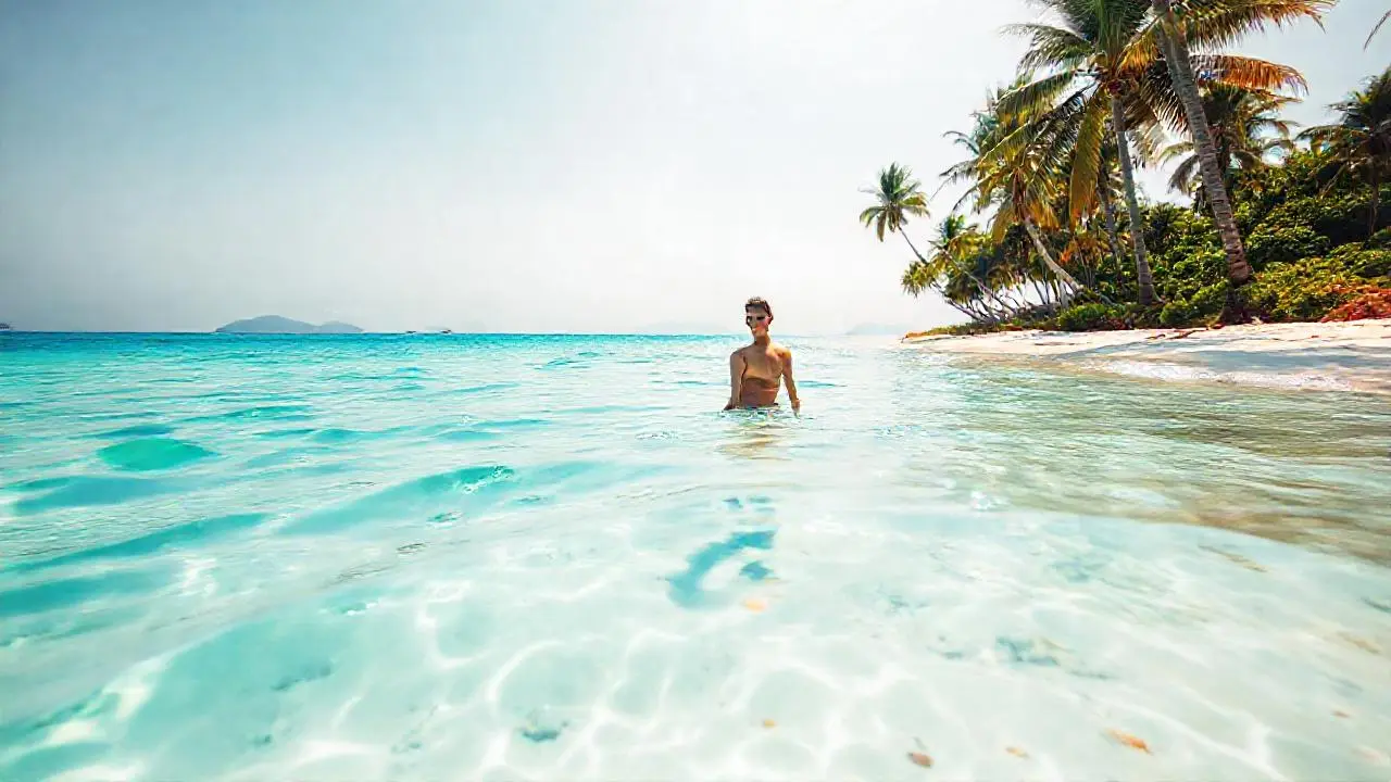 Playa paradisíaca, luz cálida y serena