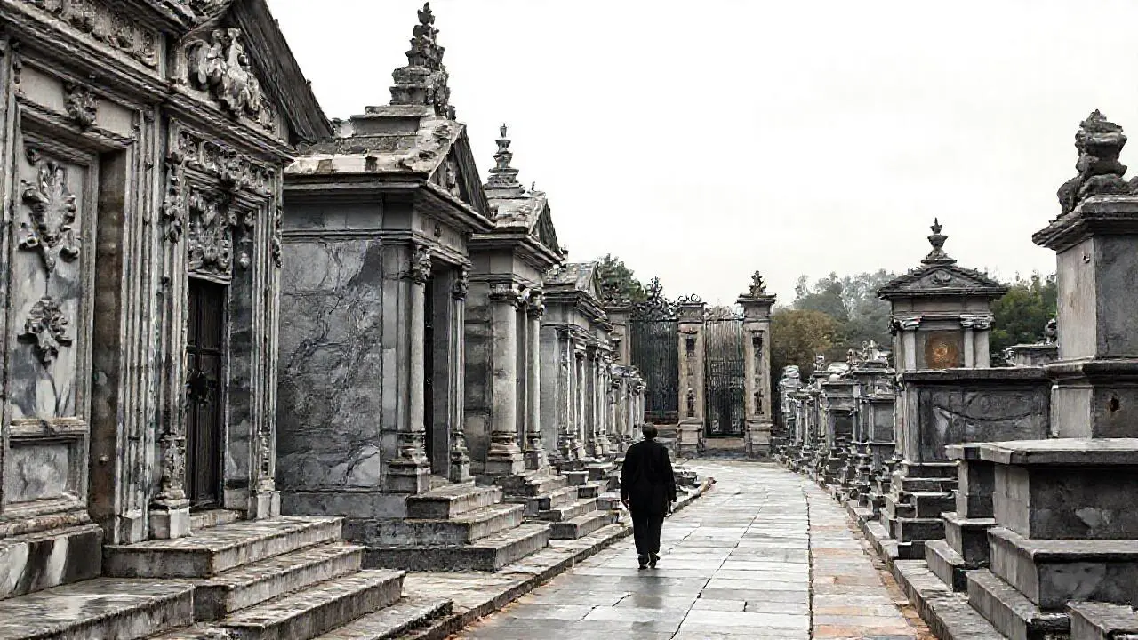 Mausoleos antiguos bajo cielo nublado