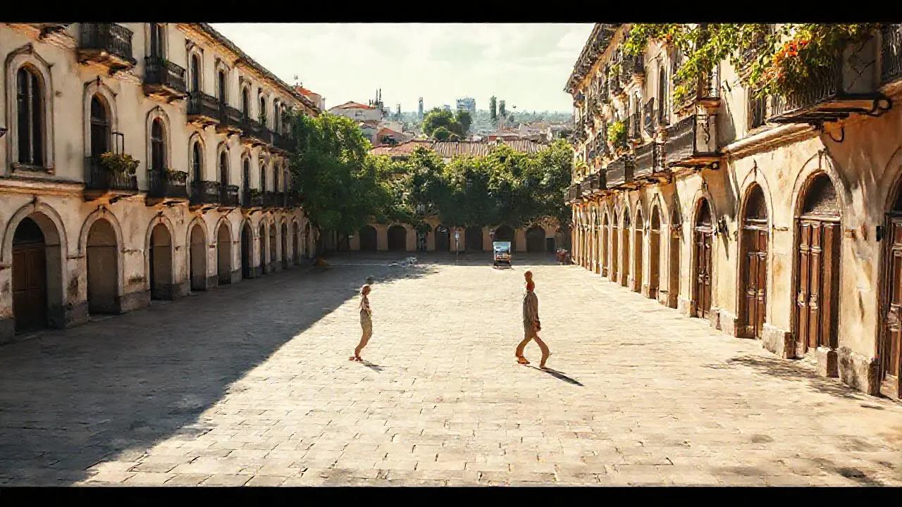 Plaza colonial, luz cálida y ambiente tranquilo