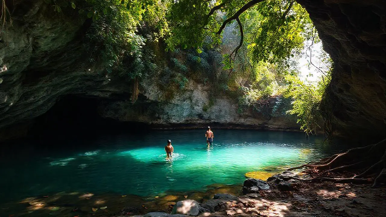 Selva, cenote y figura en aguas turquesas