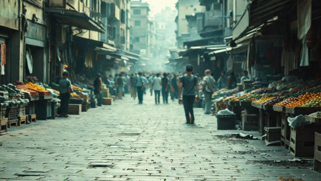 Mercado bullicioso, luz suave y realista