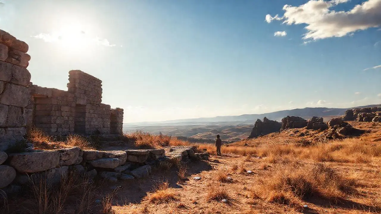 Ruinas antiguas bajo cielos vastos y quietos