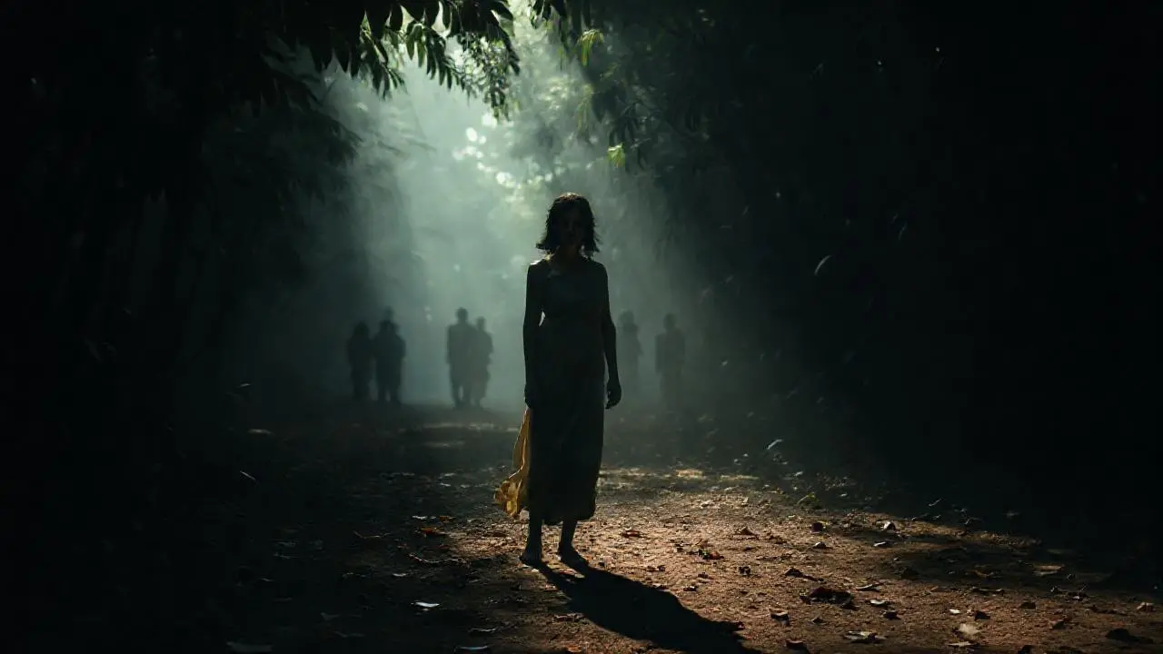 Imagen serena de figura en selva brumosa