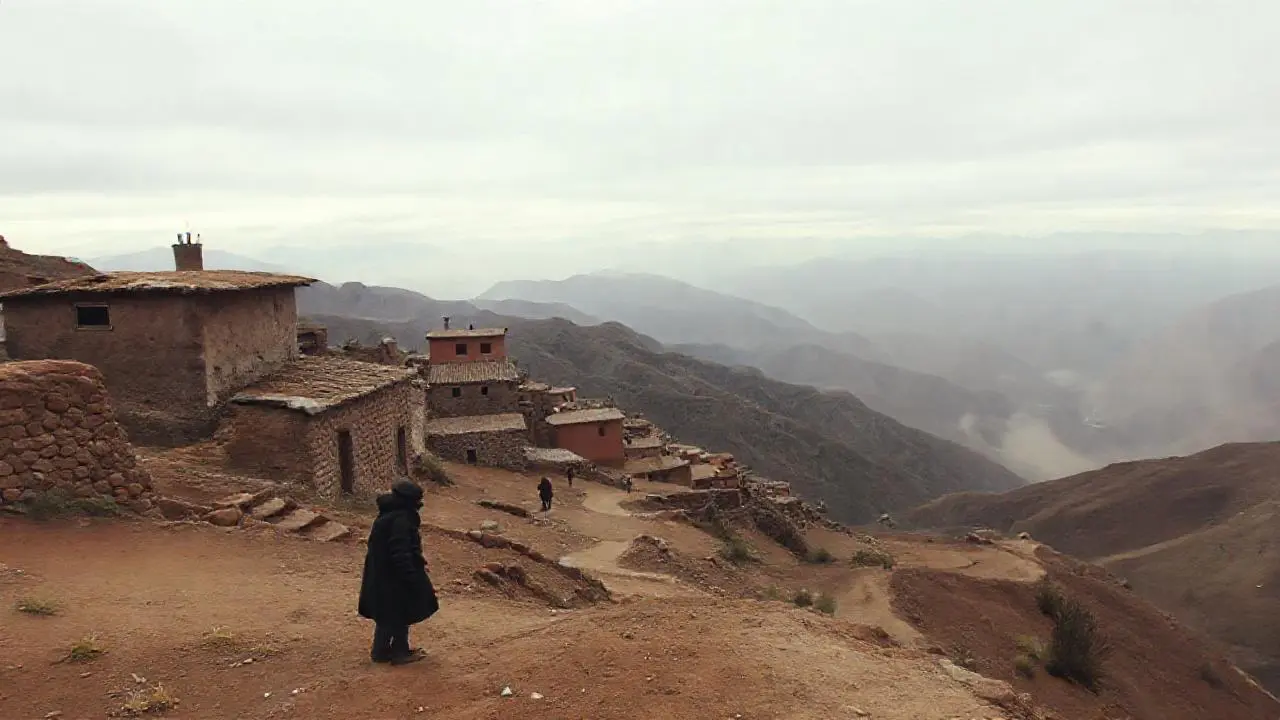 Paisaje andino árido y brumoso, distante