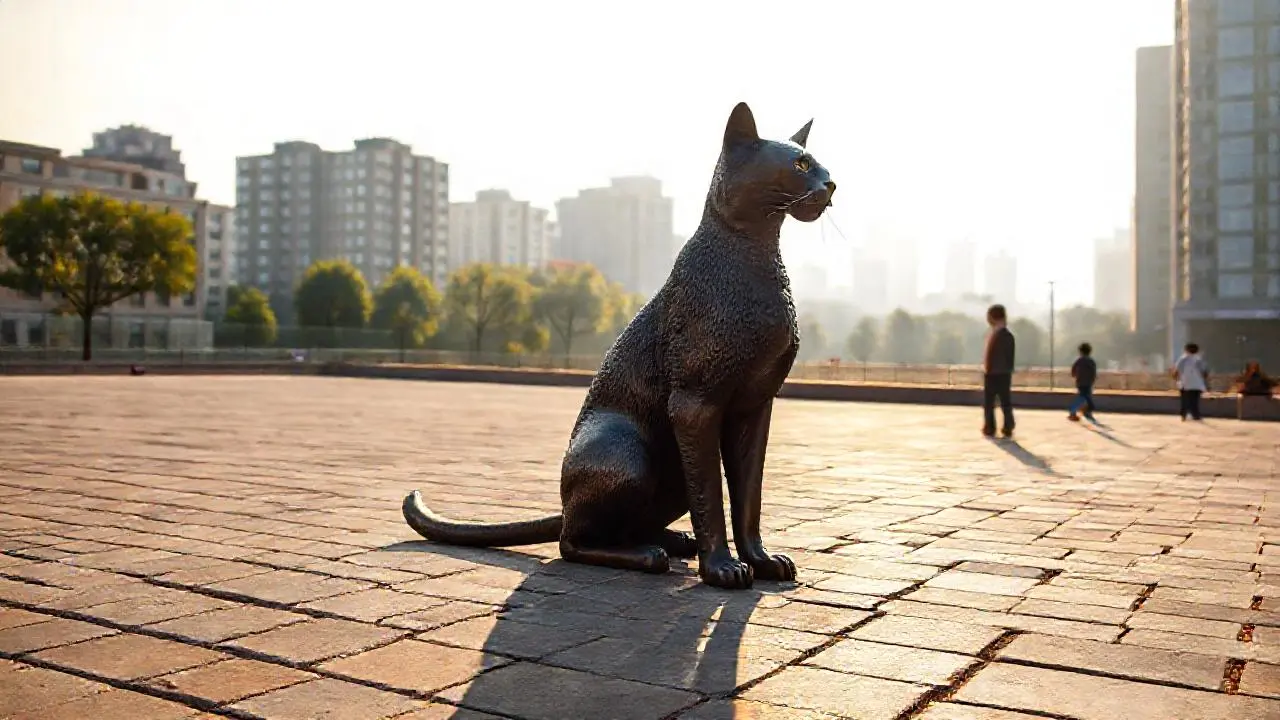 Una gata de bronce en una plaza urbana