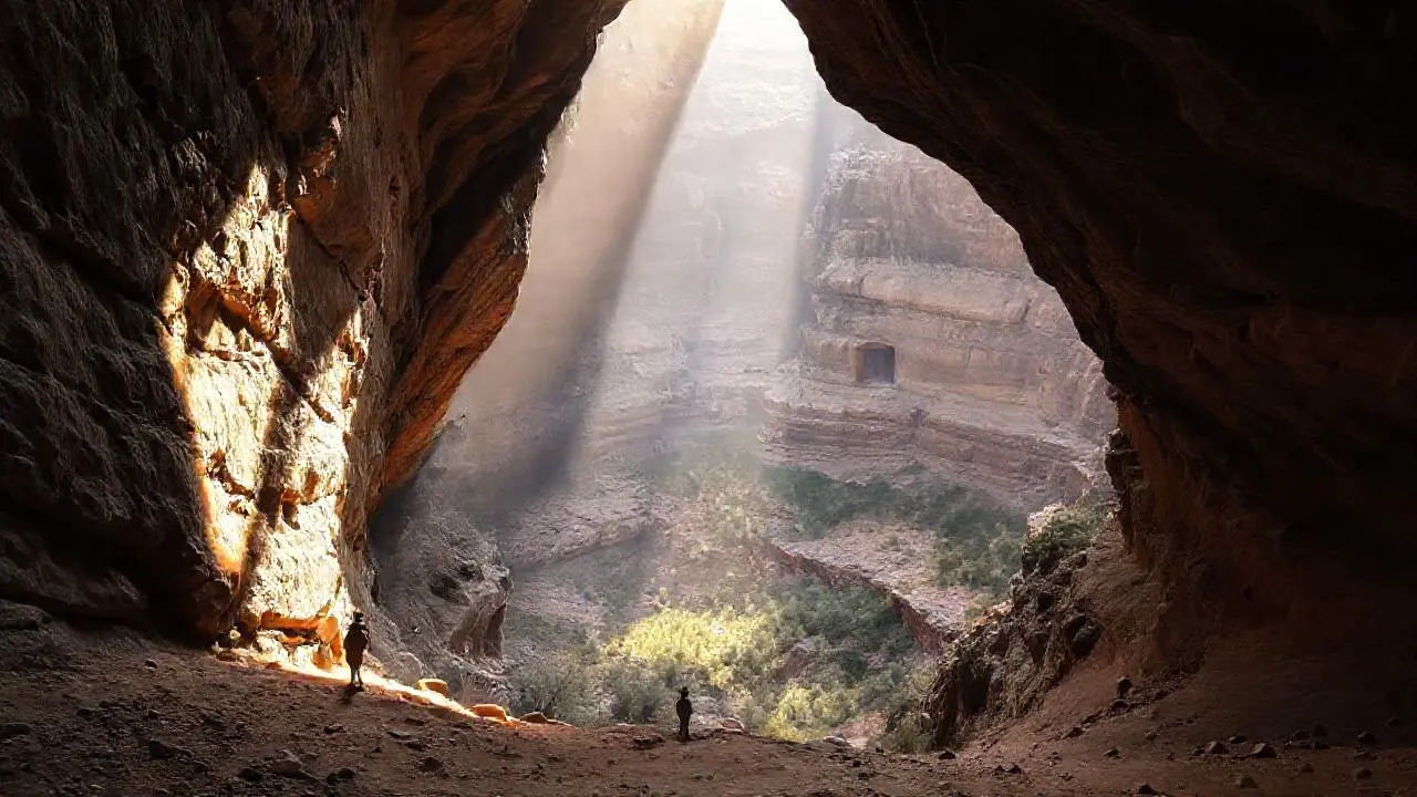 Gran caverna rocosa, figura diminuta, luz natural