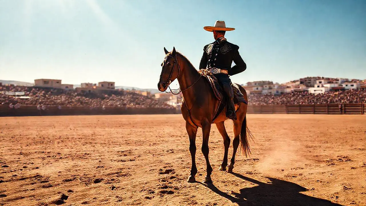 Un charro a caballo, luz cálida y espacio