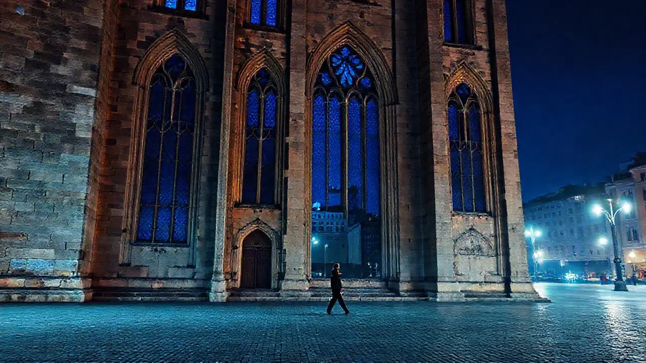 Majestuosa arquitectura antigua, atmósfera azulada y sombría