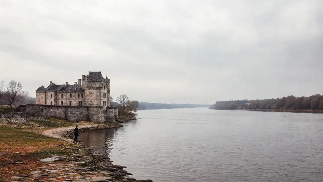 Castillo antiguo y río, ambiente sereno