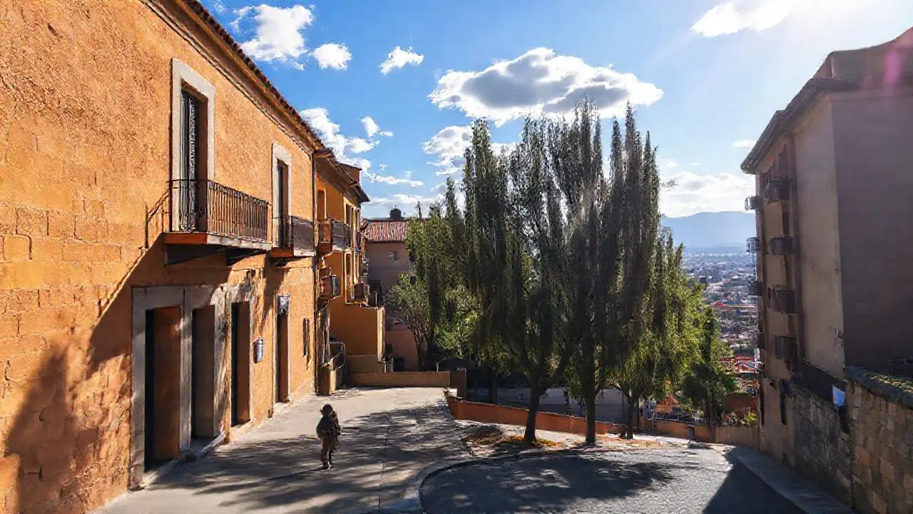 Pueblo antiguo, luz cálida y atmósfera serena