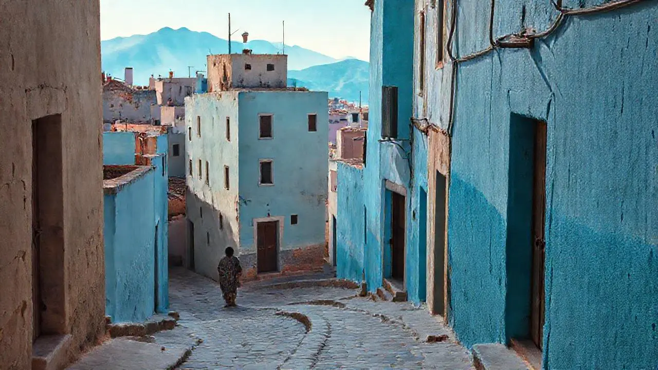 Pueblo antiguo, tranquilo y azulado