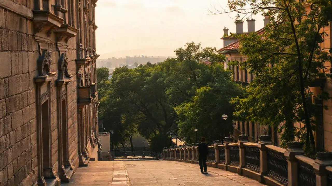 Fachada antigua con luz cálida y vegetación