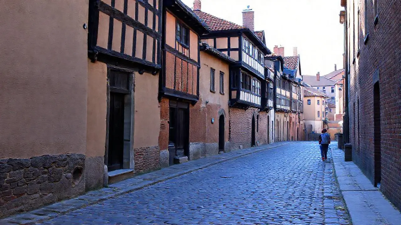Calle histórica, tranquila y ligeramente difusa