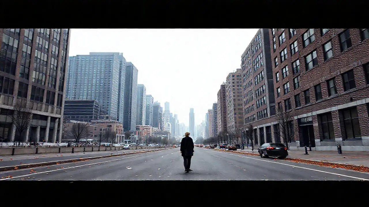 Ciudad urbana, gris, con una figura caminando