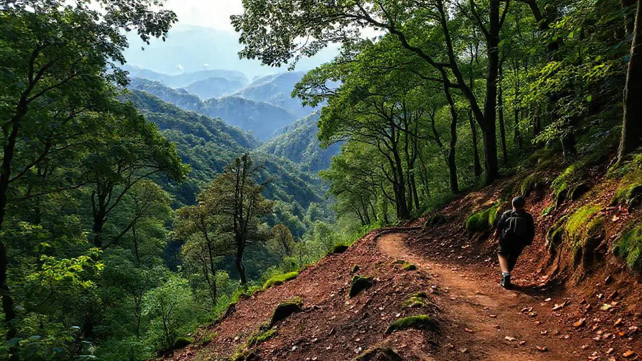 Montaña verde y sendero, paz natural