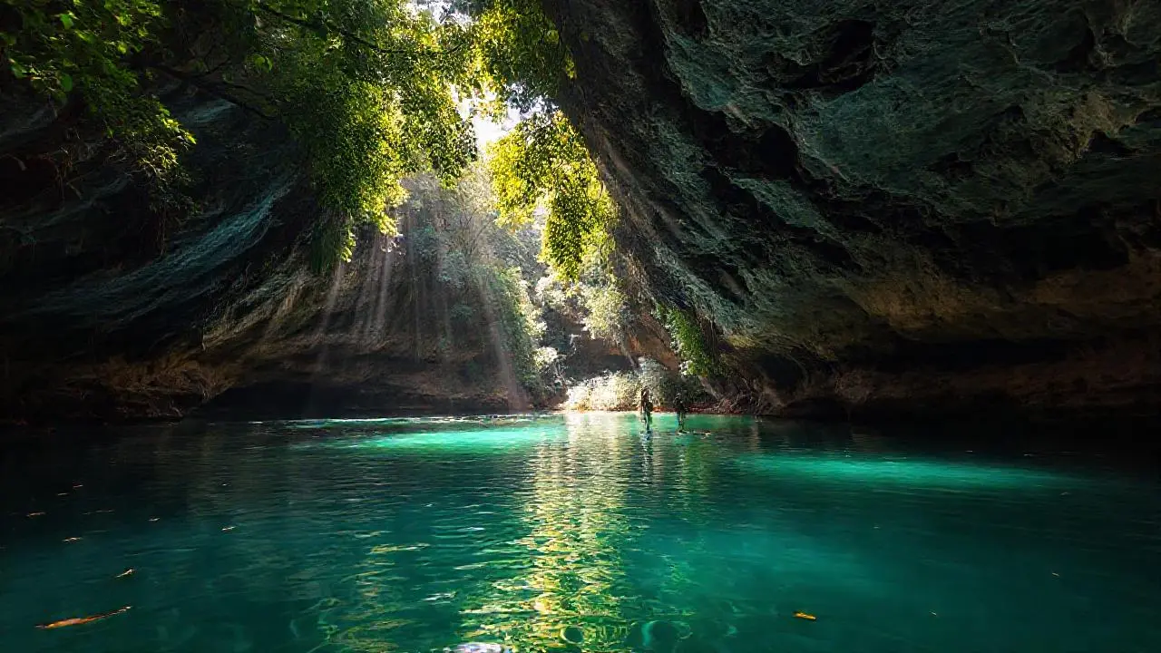 Selva exuberante, agua turquesa, luz suave