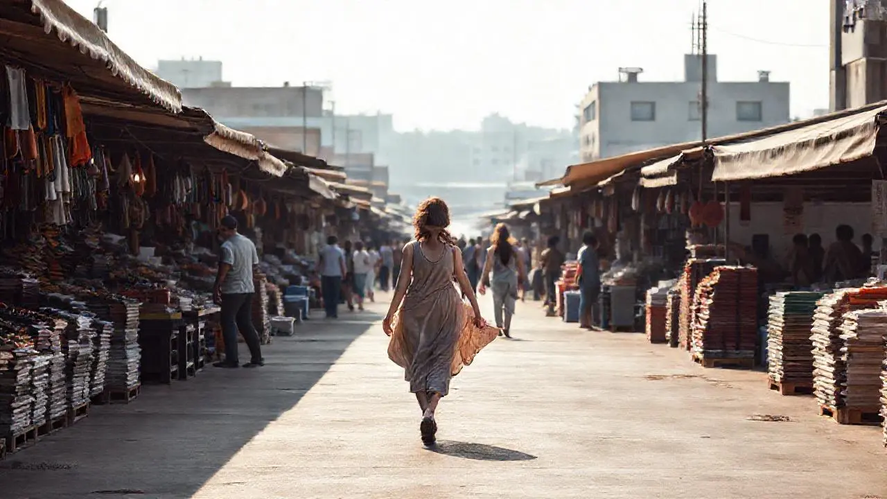 Mercado bullicioso, luz suave y realista