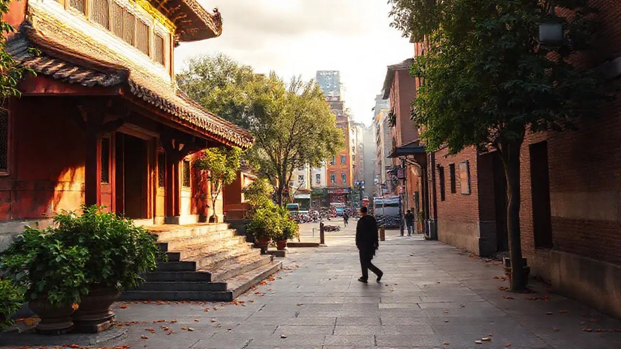 Templo chino antiguo bajo luz suave