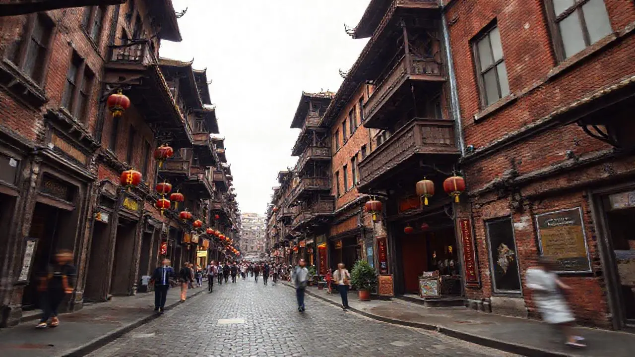 Calle antigua, atmósfera melancólica y detallada