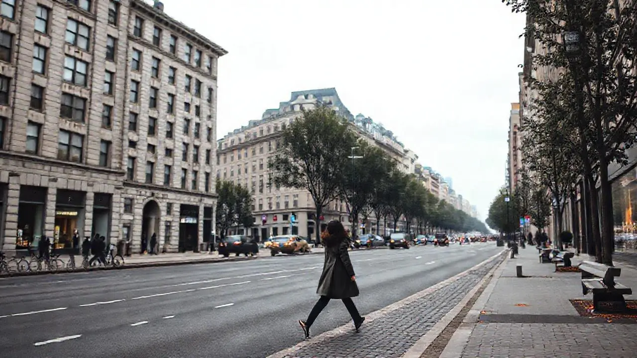 Calle urbana tranquila, ambiente grisáceo y difuso
